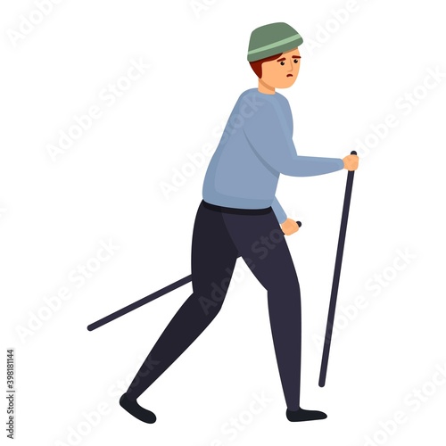 Boy tired nordic walking icon. Cartoon of boy tired nordic walking vector icon for web design isolated on white background