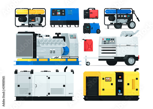 Stationary, industrial and portable diesel power generator. Energy generating backup equipment and electricity voltage source alternator machine vector illustration isolated on white background