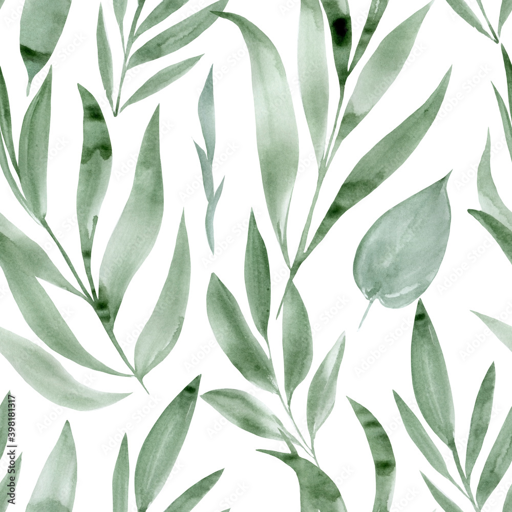 Fototapeta premium Tropical seamless patterns. Wild plants, abstract leaves watercolor sketch