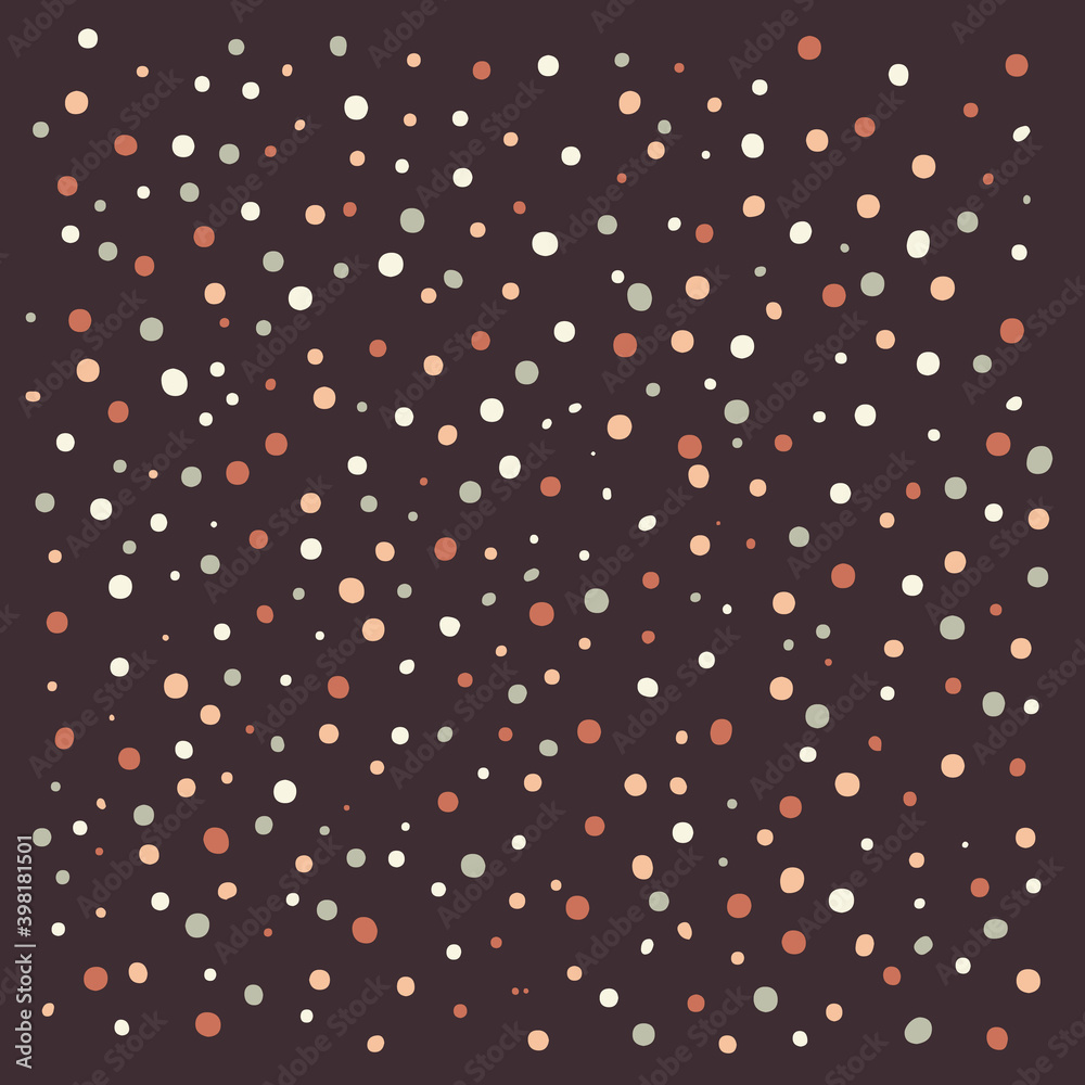 Chocolate colored background with pastel dots, drops. Pattern with mint and beige circles, colored snow. Abstract simple backdrop for digital paper, fabric, web. Chocolate colored background with pastel dots, drops. Pattern with mint and beige circles, colored snow. Abstract simple backdrop for digital paper, fabric, web.