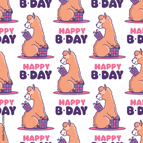The sweet seamless pattern in a vector illustration. Cartoonish llamas with gift and a lettering phrase - Happy Birthday. This print, texture is a good for party designs, cloth, ads, t-shirts, etc