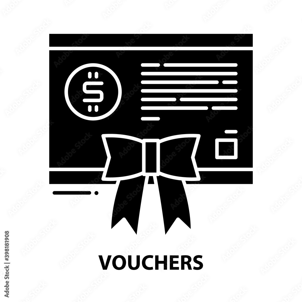 vouchers icon, black vector sign with editable strokes, concept illustration vouchers icon, black vector sign with editable strokes, concept illustration