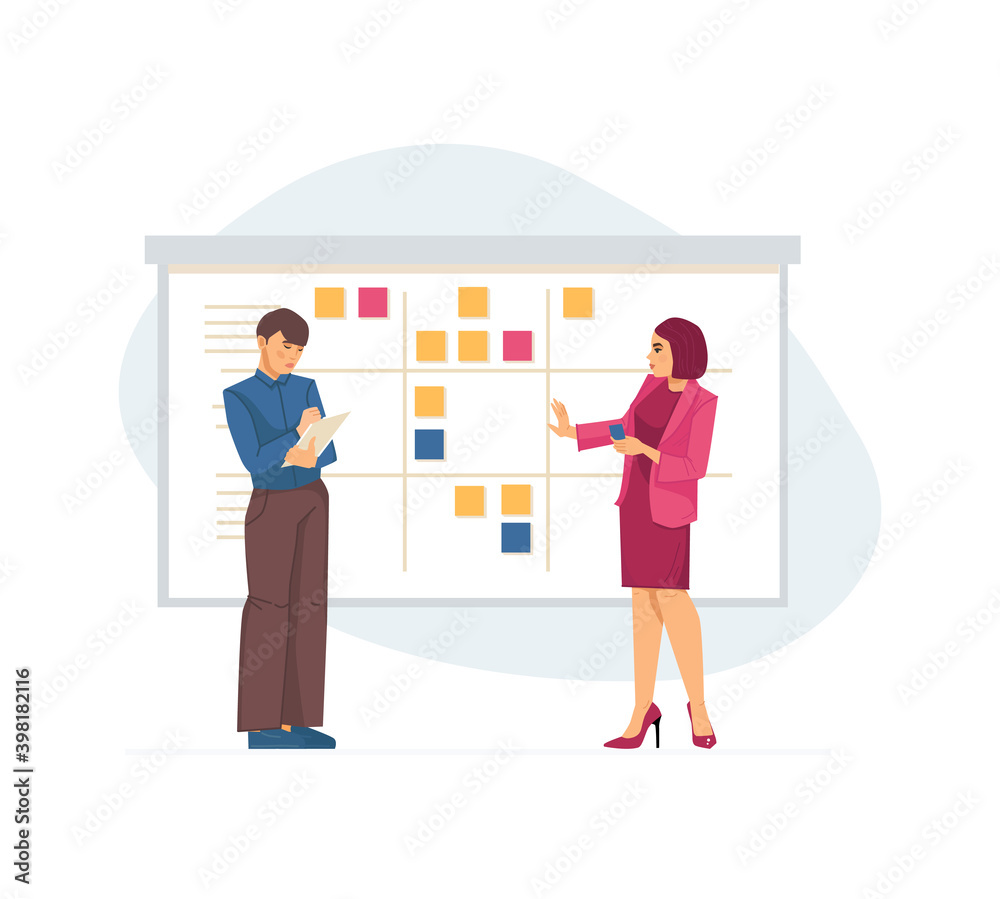 Multitasking, planning teamwork and time management. Team plans their work standing beside scrum task board with sticky note cards. Work productivity, business workflow optimization cartoon Multitasking, planning teamwork and time management. Team plans their work standing beside scrum task board with sticky note cards. Work productivity, business workflow optimization cartoon