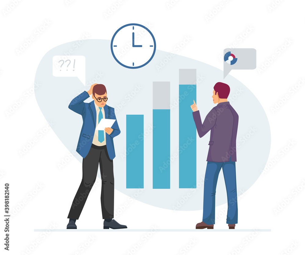 Scheduling working tasks, business workflow optimization and income. Planning teamwork and analysis of income. Business team discussing financial results and planning budget cartoon