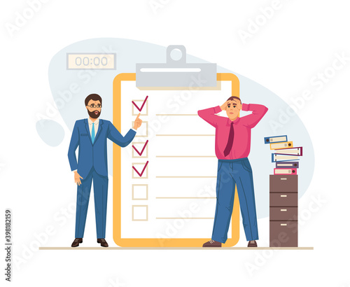 Multitasking, productivity and time management. Boss scolds employee who does not meet deadline. Work on checklist on clipboard. Deadlines, business tasks, achievements goals concept