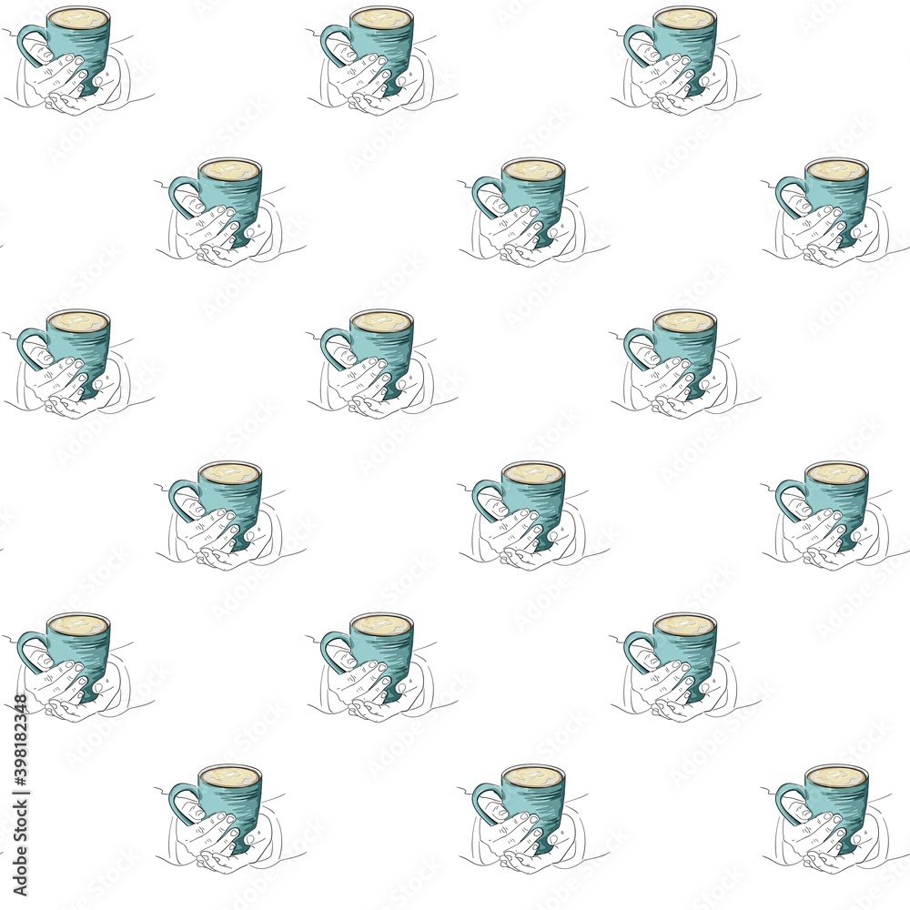 Vector seamless pattern of a cup in hands. Warm winter illustration depicting a mug of hot tea, cocoa or coffee warming hands during the cold season. Food sketch Vector seamless pattern of a cup in hands. Warm winter illustration depicting a mug of hot tea, cocoa or coffee warming hands during the cold season. Food sketch
