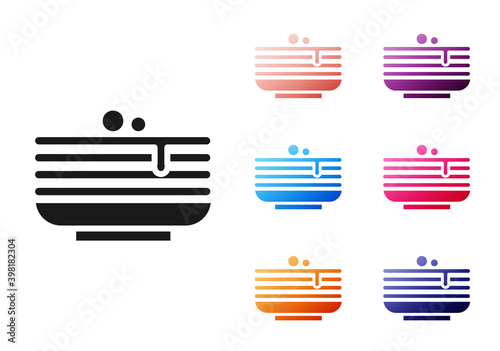 Black Stack of pancakes icon isolated on white background. Baking with syrup and cherry. Breakfast concept. Set icons colorful. Vector.