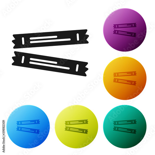 Black Sugar stick packets icon isolated on white background. Blank individual package for bulk food products as coffee, salt, spices. Set icons in color circle buttons. Vector.
