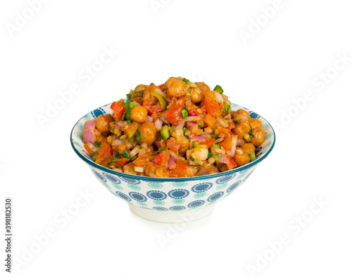 Indian Street Breakfast Chana Chaat Also Know as Chana Masala, Chola Chana Chaat, Chola Masala, Chickpea Masala, Black Chickpea Chaat or Kala Chana Chat on White Background