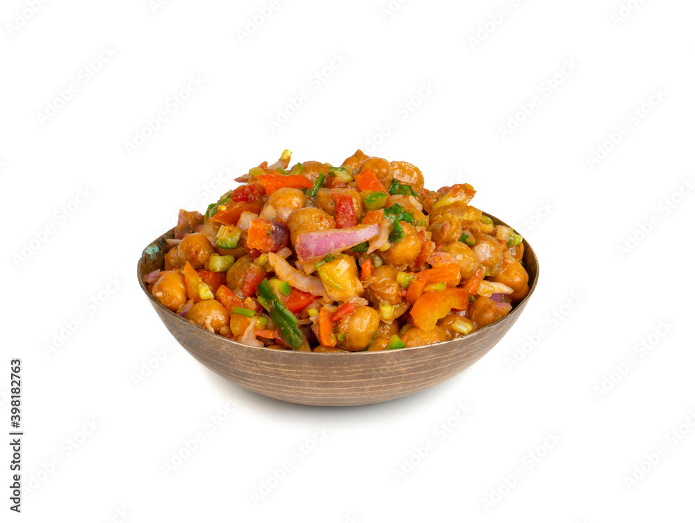 Indian Street Breakfast Chana Chaat Also Know as Chana Masala, Chola Chana Chaat, Chola Masala, Chickpea Masala, Black Chickpea Chaat or Kala Chana Chat on White Background Indian Street Breakfast Chana Chaat Also Know as Chana Masala, Chola Chana Chaat, Chola Masala, Chickpea Masala, Black Chickpea Chaat or Kala Chana Chat on White Background