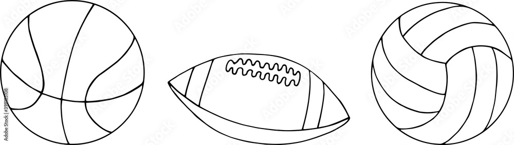 A set of different balls drawn by hand in the style of Doodle. A ball for Rugby, basketball, and volleyball. Simple graphics A set of different balls drawn by hand in the style of Doodle. A ball for Rugby, basketball, and volleyball. Simple graphics