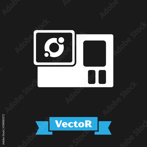 White Action extreme camera icon isolated on black background. Video camera equipment for filming extreme sports. Vector.