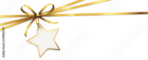 gold ribbon bow with christmas star hang tag