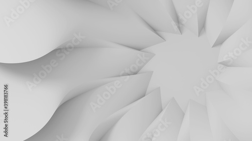 Modern abstract parametric three-dimensional background of a set of wavy swirling white three-dimensional petals converging in a cent. 3D illustration