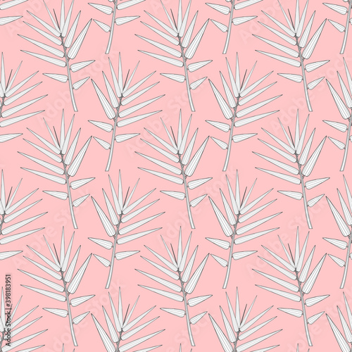 Seamless pattern. Light-colored bamboo leaves on a pink background. Vector.