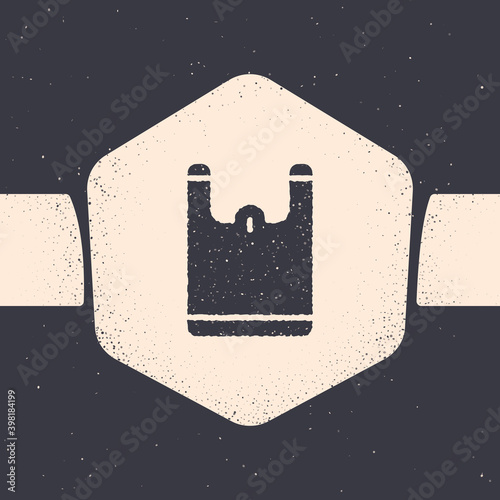 Grunge Plastic bag icon isolated on grey background. Disposable cellophane and polythene package prohibition sign. Monochrome vintage drawing. Vector.