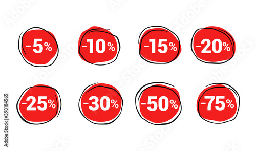 Red marketing banners for sale vector collection. Advertising banners with circle shape borders, frames, brush stroke background. Sale label, 50 percent off special offer tags, advert signs design. 