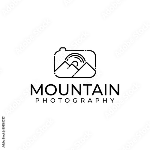 Lens and mountain in a line art style for an outdoor adventure photography photographer logo design