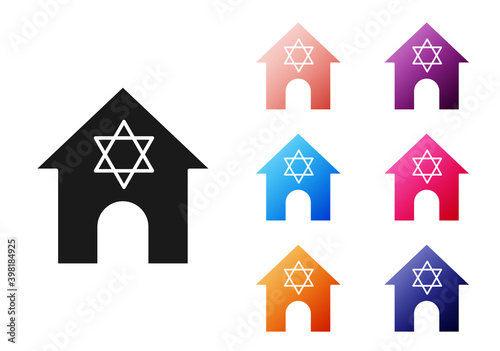 Black Jewish synagogue building or jewish temple icon isolated on white background. Hebrew or judaism construction with David star. Set icons colorful. Vector.