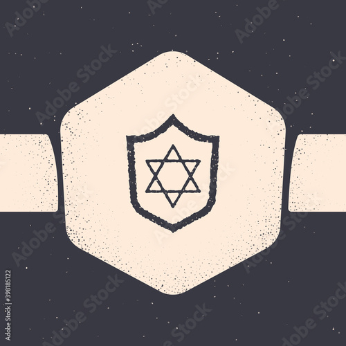 Grunge Shield with Star of David icon isolated on grey background. Jewish religion symbol. Symbol of Israel. Monochrome vintage drawing. Vector.