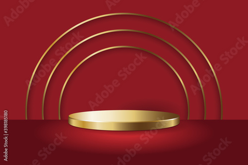 Gold round podium display stand mockup template with gold circle lines on red floor and background with shadow.