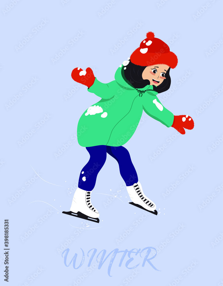 Winter illustration of a little girl in a red hat, mittens, who is skating. Cute flat illustration in vector. Winter illustration of a little girl in a red hat, mittens, who is skating. Cute flat illustration in vector.