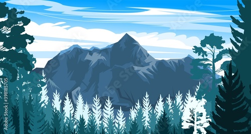 Mountain landscape. View of the mountains and the lake through the coniferous forest, taiga. Silhouette. Landscape with sky and clouds. Mountains, rocks . Vector