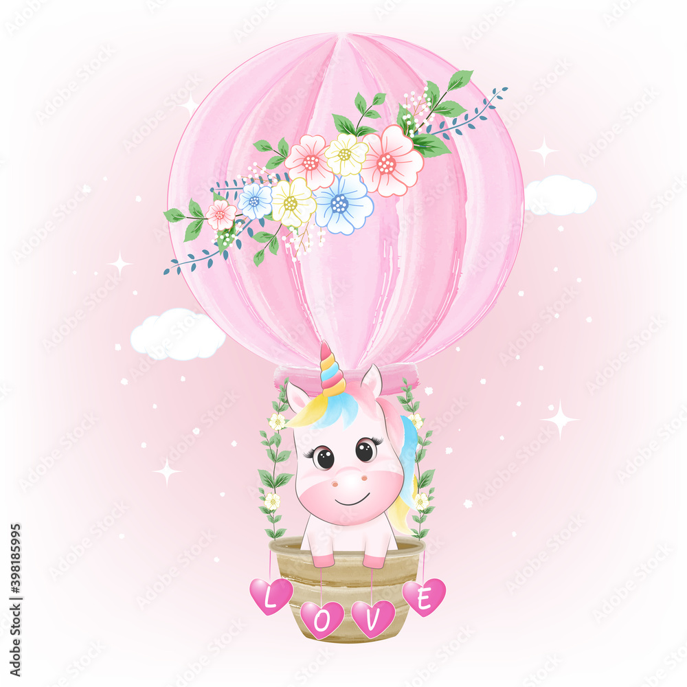 Unicorn in hot air balloon hand drawn cartoon animal watercolor illustration Unicorn in hot air balloon hand drawn cartoon animal watercolor illustration