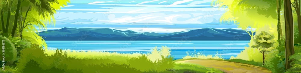 Sea. View from the bank overgrown with trees. Road. Flat style illustration. On the horizon there is a rocky coast with mountains. Cartoon. Vector