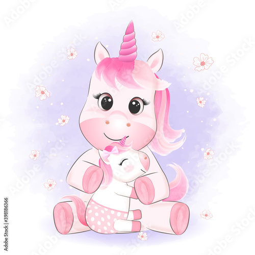 Little Unicorn and mom drawn cartoon animal watercolor illustration