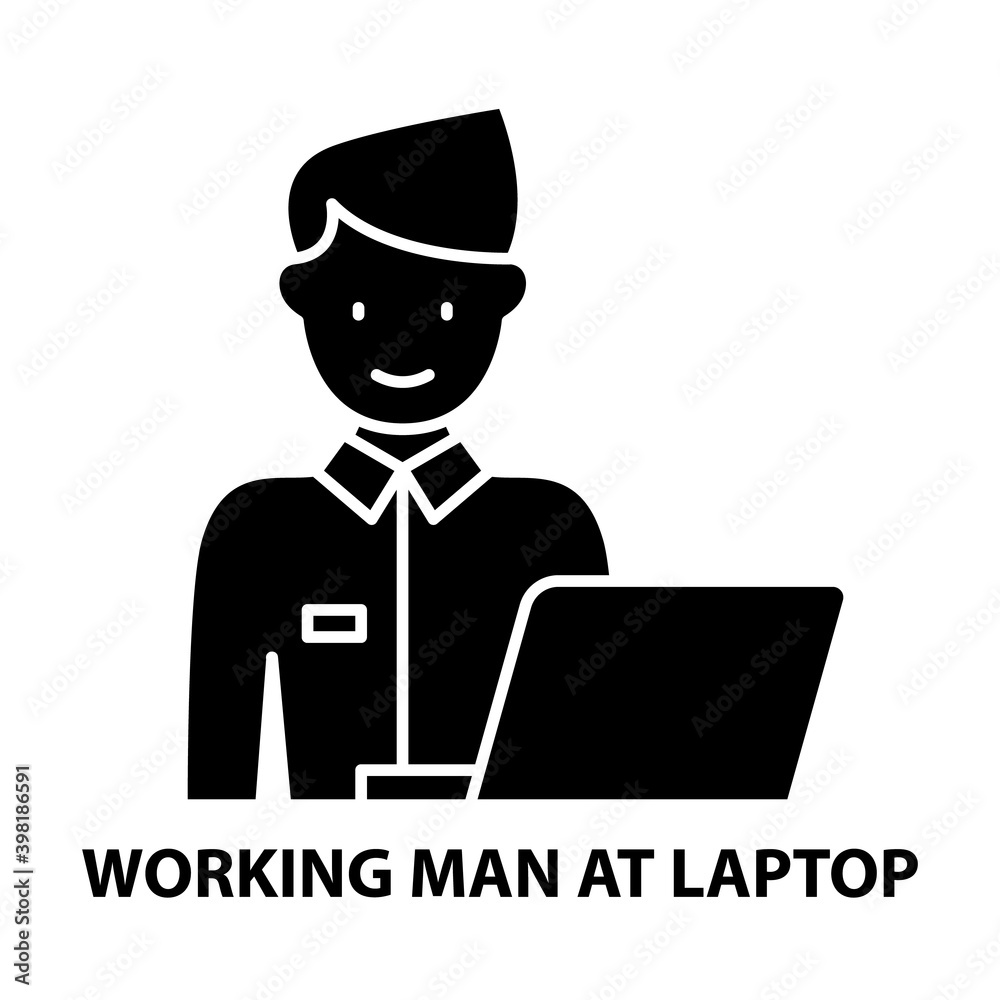 working man at laptop icon, black vector sign with editable strokes, concept illustration