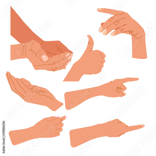 Set of hands in different positions, gestures. Flat cartoon eps 10. Palms, fingers, male or female. Design elements, hold in hands, stroking. Hand drawn trendy vector illustrations Isolated on white.