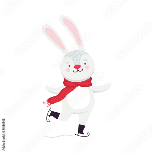 Smiling Hare as New Year Character with Long Ears in Warm Scarf Ice Skating Vector Illustration