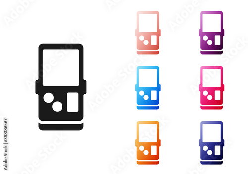 Black Portable tetris electronic game icon isolated on white background. Vintage style pocket brick game. Interactive playing device. Set icons colorful. Vector.