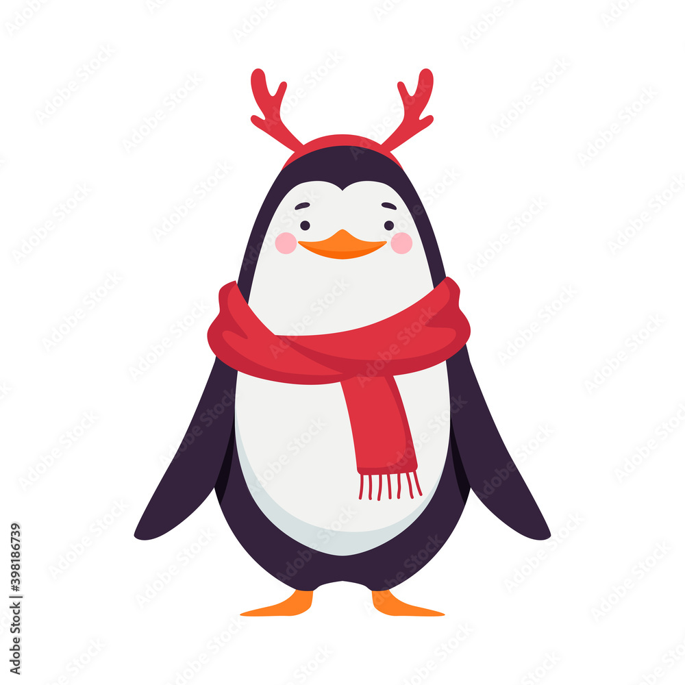 Fototapeta premium Penguin as New Year Character in Warm Scarf and Reindeer Antler Standing Vector Illustration