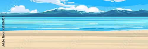 Seaside. Surf line. Sea and waves. On the horizon there is a rocky shore. Flat style illustration. Sand beach. Vector