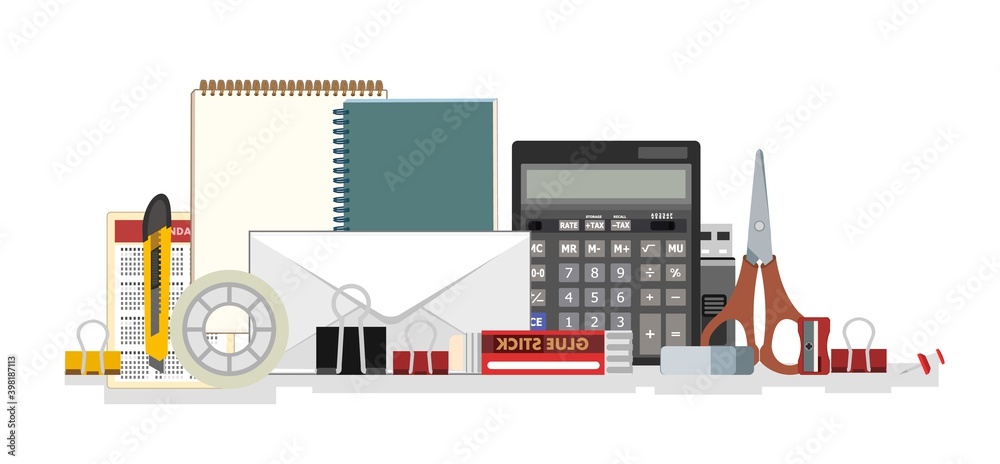 Stationery. Goods for office, school and creativity. Isolated object on a white background. Vector