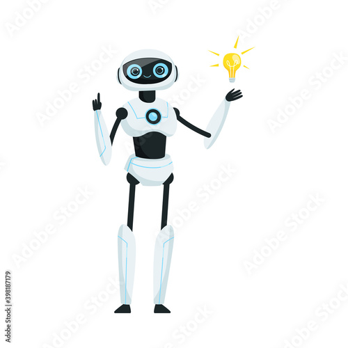 Modern Robot as Programmable Machine Standing with Light Bulb Vector Illustration