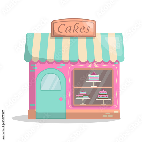Nice pastry shop. Cake shop with a sign and a canopy. Glass display case with shelves. The presentation of the cakes.