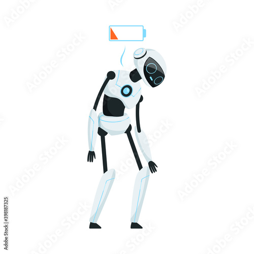 Modern Humanoid or Robotic Device with Iron Limbs Run Out of Charge Vector Illustration