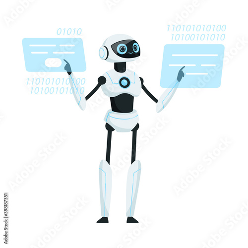 Modern Humanoid or Robotic Device with Iron Limbs Doing Mathematical Calculations on Hologram Vector Illustration