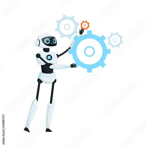 Modern Humanoid or Robotic Device with Iron Limbs Holding Gear-wheel Vector Illustration