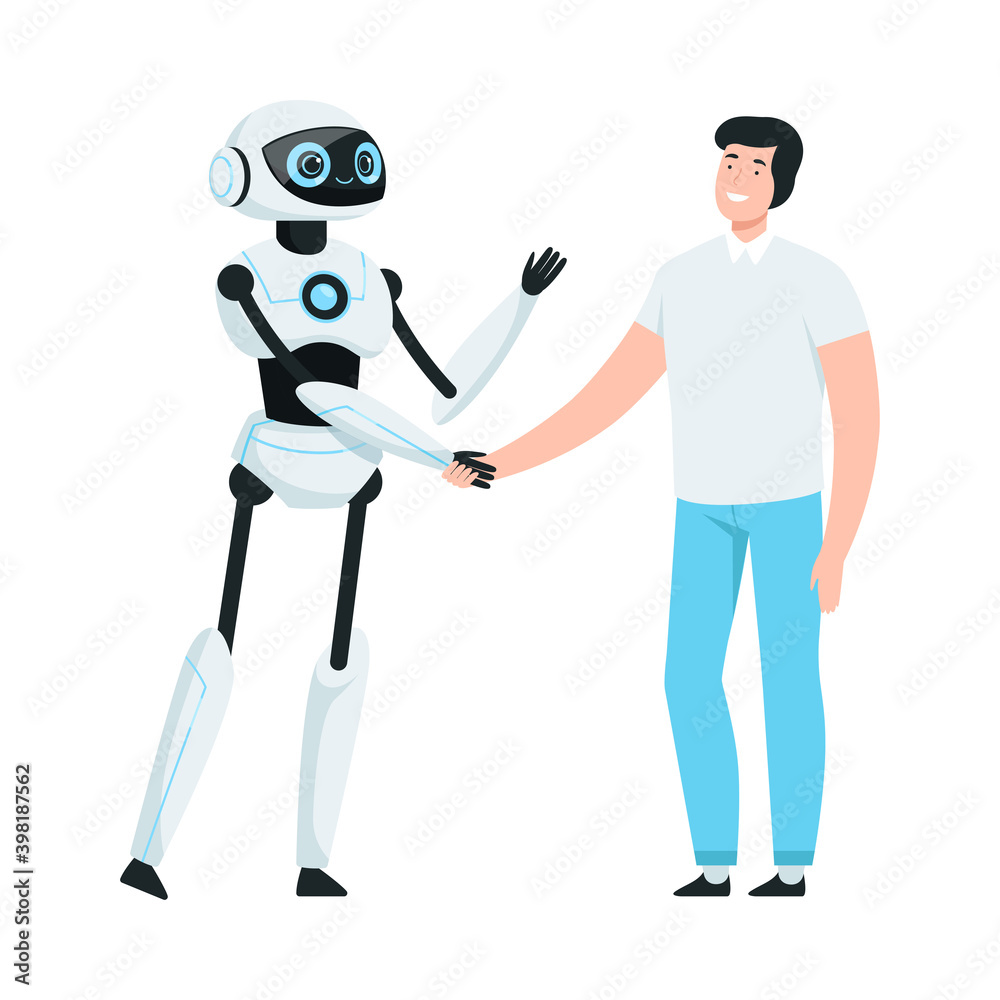 Smiling Modern Humanoid or Robotic Device Shaking Hands with Man Vector Illustration Smiling Modern Humanoid or Robotic Device Shaking Hands with Man Vector Illustration