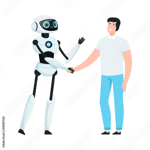 Smiling Modern Humanoid or Robotic Device Shaking Hands with Man Vector Illustration