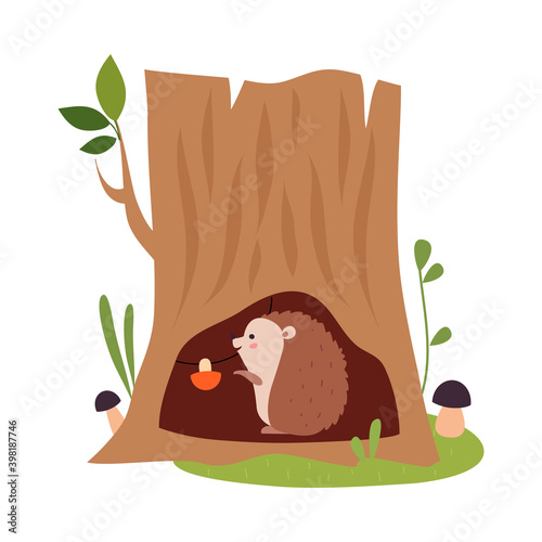 Funny Hedgehog as Forest Animal Reserving Mushrooms in Tree Hollow Vector Illustration