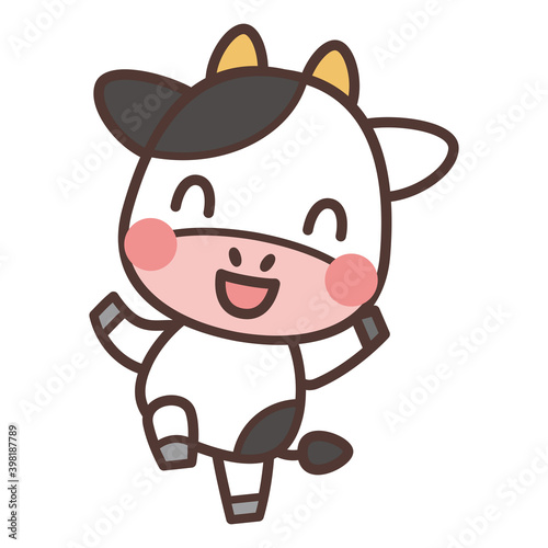 元気にスキップする牛のキャラクター　Skipping cow character