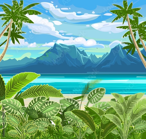 Beach. Seaside landscape. Tropical trees by the sea, ocean. Mountains in the distance on the horizon. Grass and thickets in the sand. Illustration. Vector