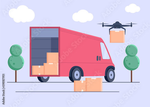 Drone delivers boxes . Non-contact delivery concept.Contactless express delivery service. Self-isolation lifestyle. Contactless delivery during quarantine.