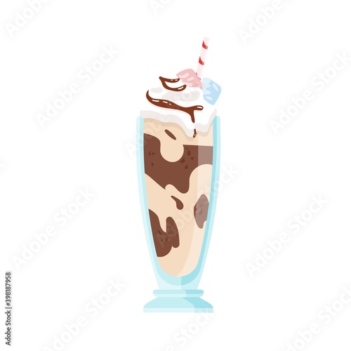 Glass of milkshake with whipped cream and chocolate topping. Vanilla cocktail...