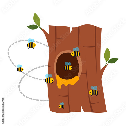Bee Hive Flying Around Tree Hollow with Honey Vector Illustration